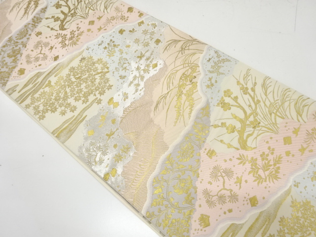 JAPANESE KIMONO / ANTIQUE FUKURO OBI / SILK / WOVEN TREES & FLOWERS & BIRDS